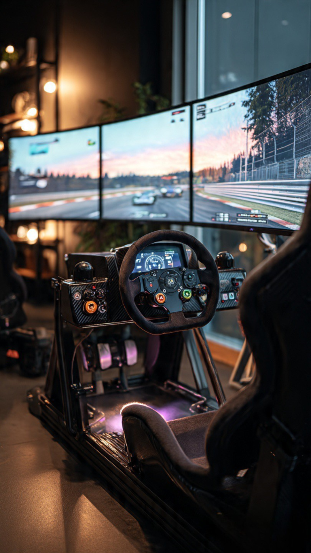Setup inmersivo de Sim Racing con triple monitor y base de volante con pantalla integrada