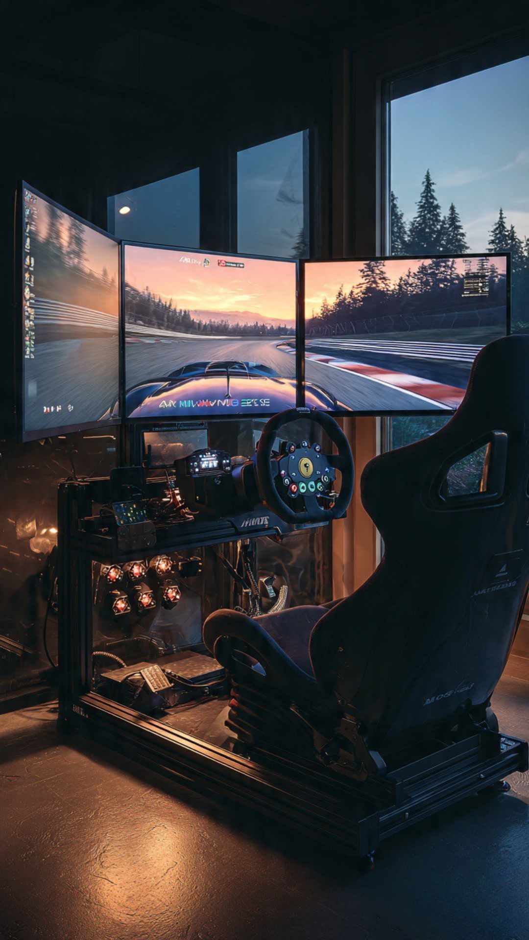 Cockpit de perfilería de aluminio con volante circular y configuración de tres pantallas al atardecer