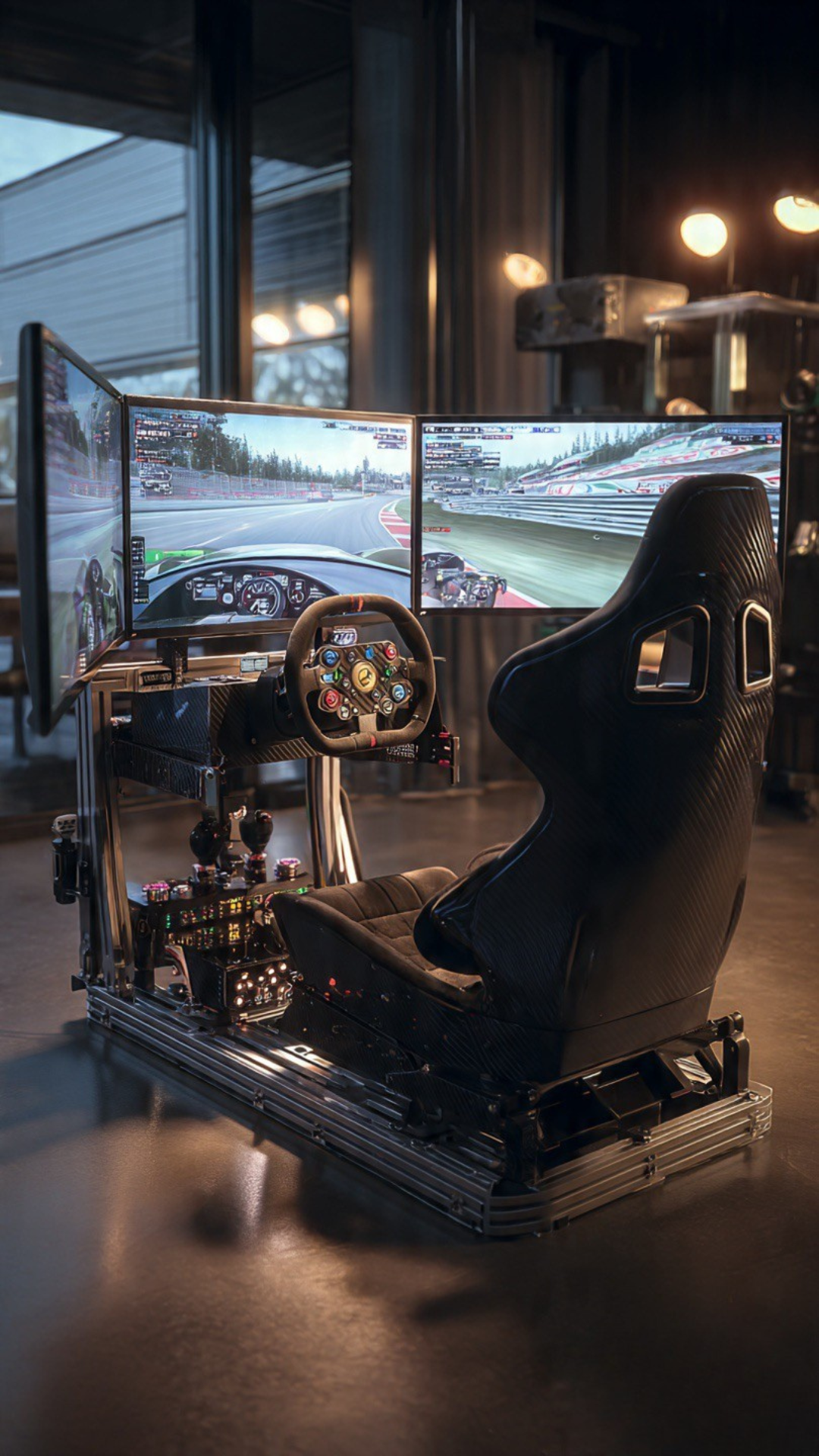 Simulador de carreras profesional con asiento baquet de fibra de carbono y chasis de aluminio