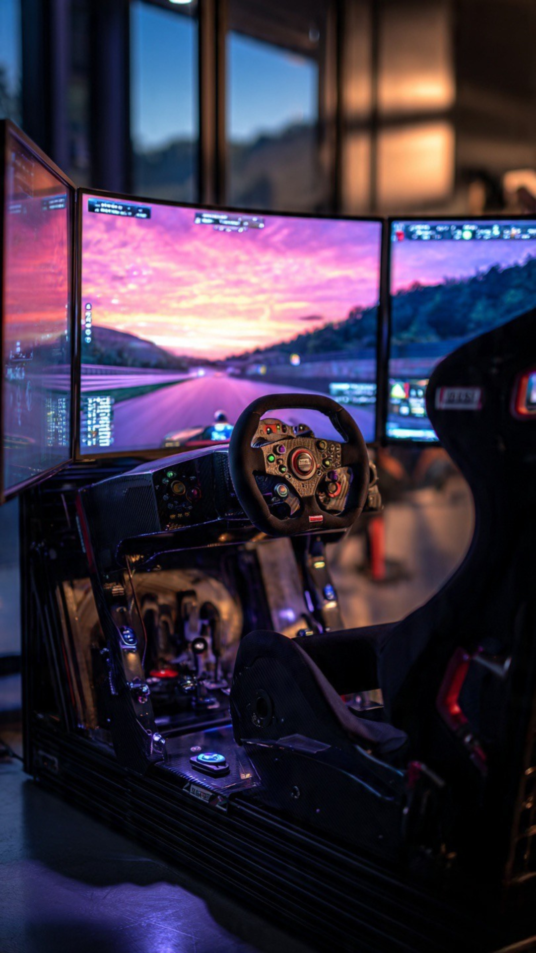 Setup nocturno de Sim Racing con iluminación LED azul y volante estilo GT3