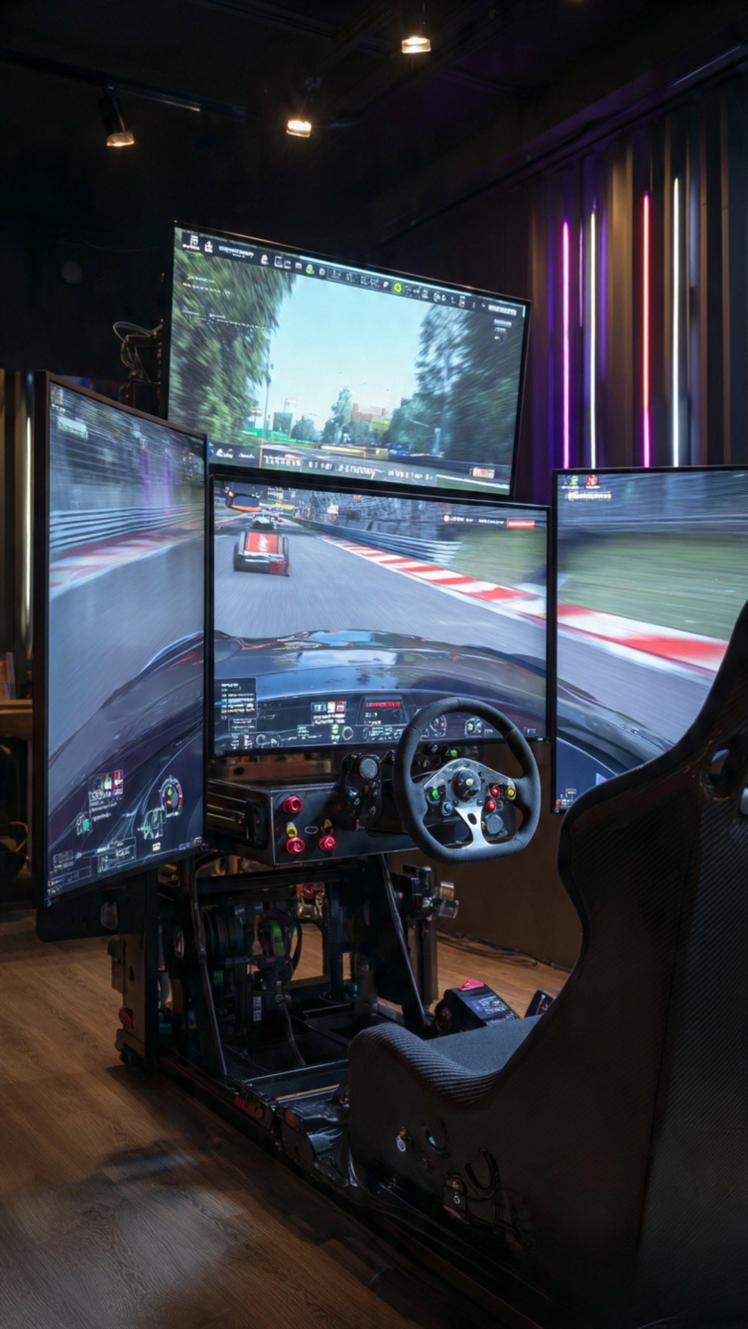 Simulador de conducción avanzado con cuatro monitores y luces de neón verticales